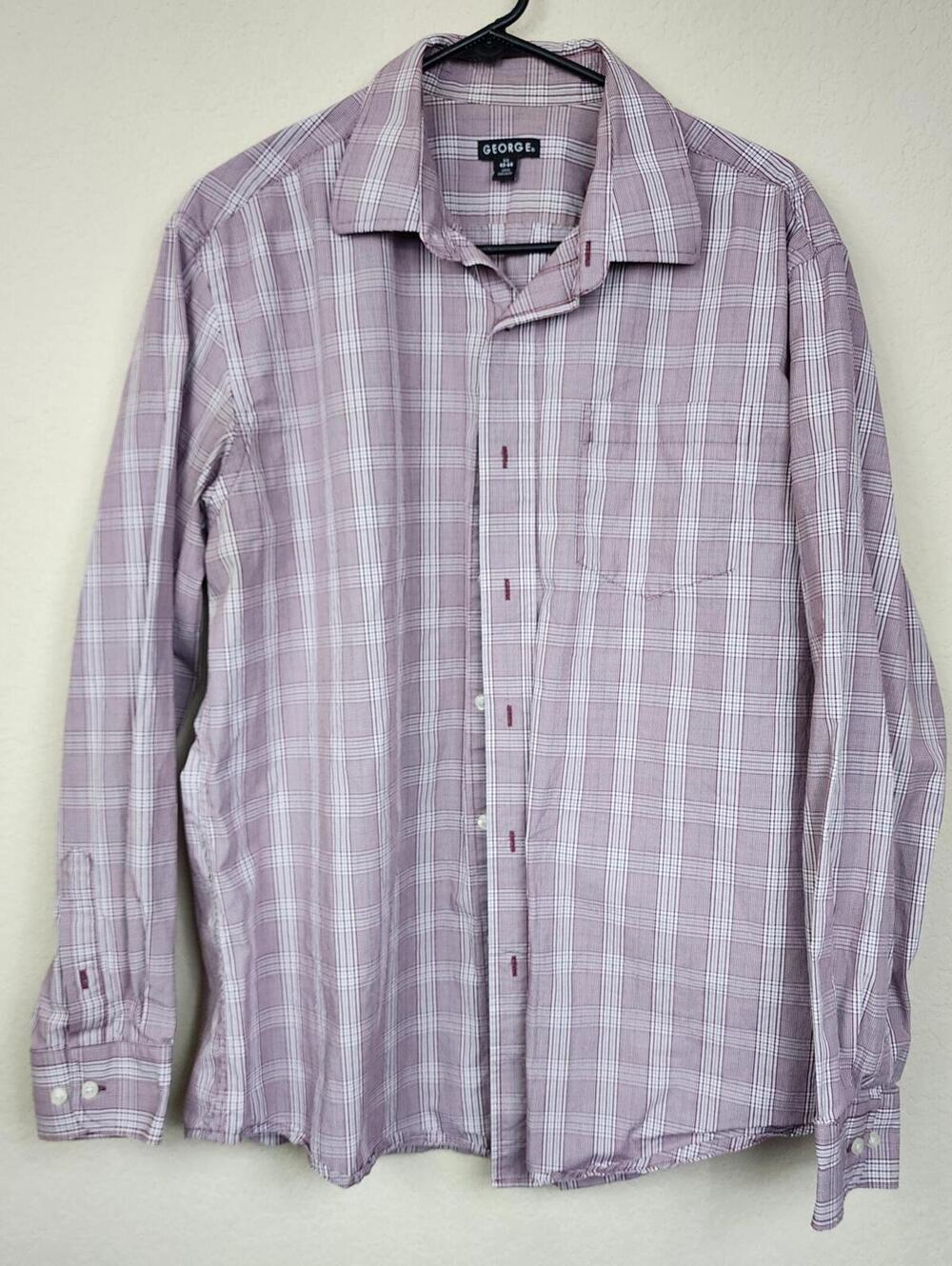 George Men's Light Purple Plaid Long Sleeve Button-Up Shirt,